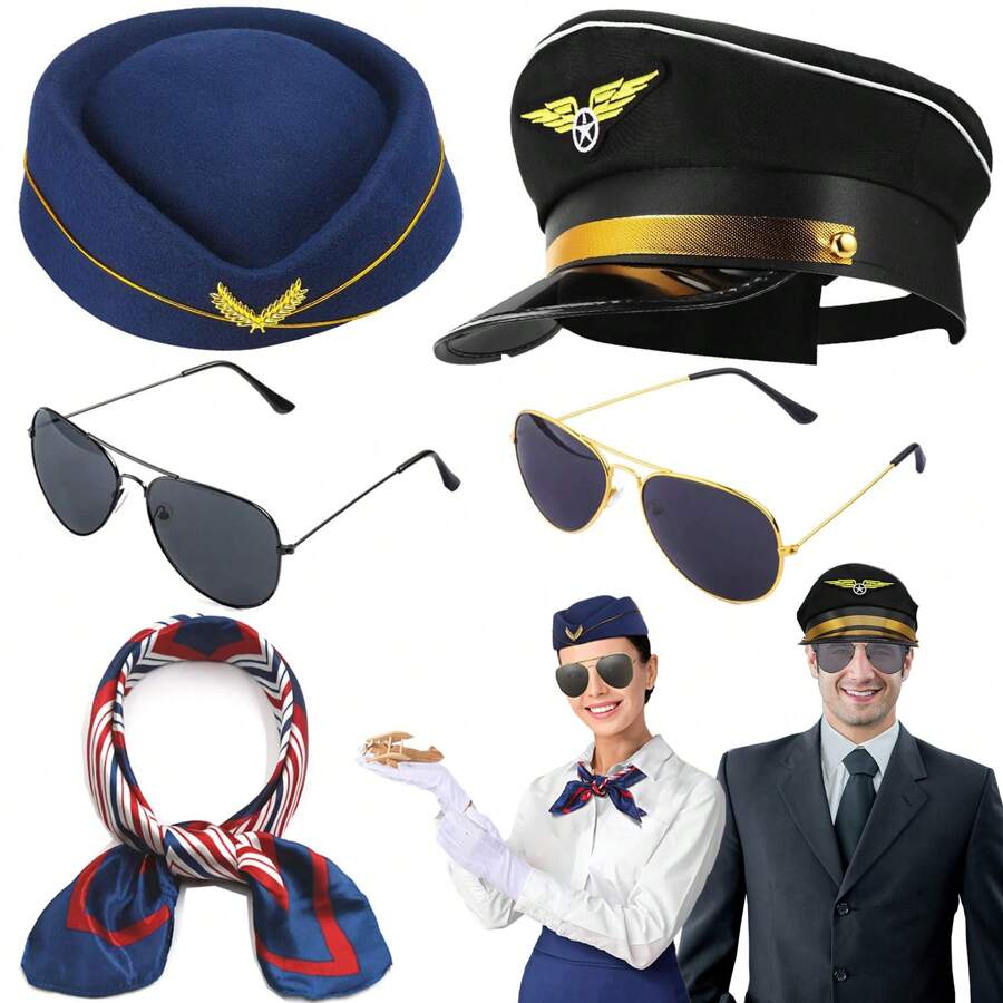 5pcs/Set Pilot Captain And Stewardess Costume Set Accessories Flight Attendant Hat With Pilot Captain Hat Sunglasses And Scarf Cosplay Dress Up Cosplay - Multicolor - View 1