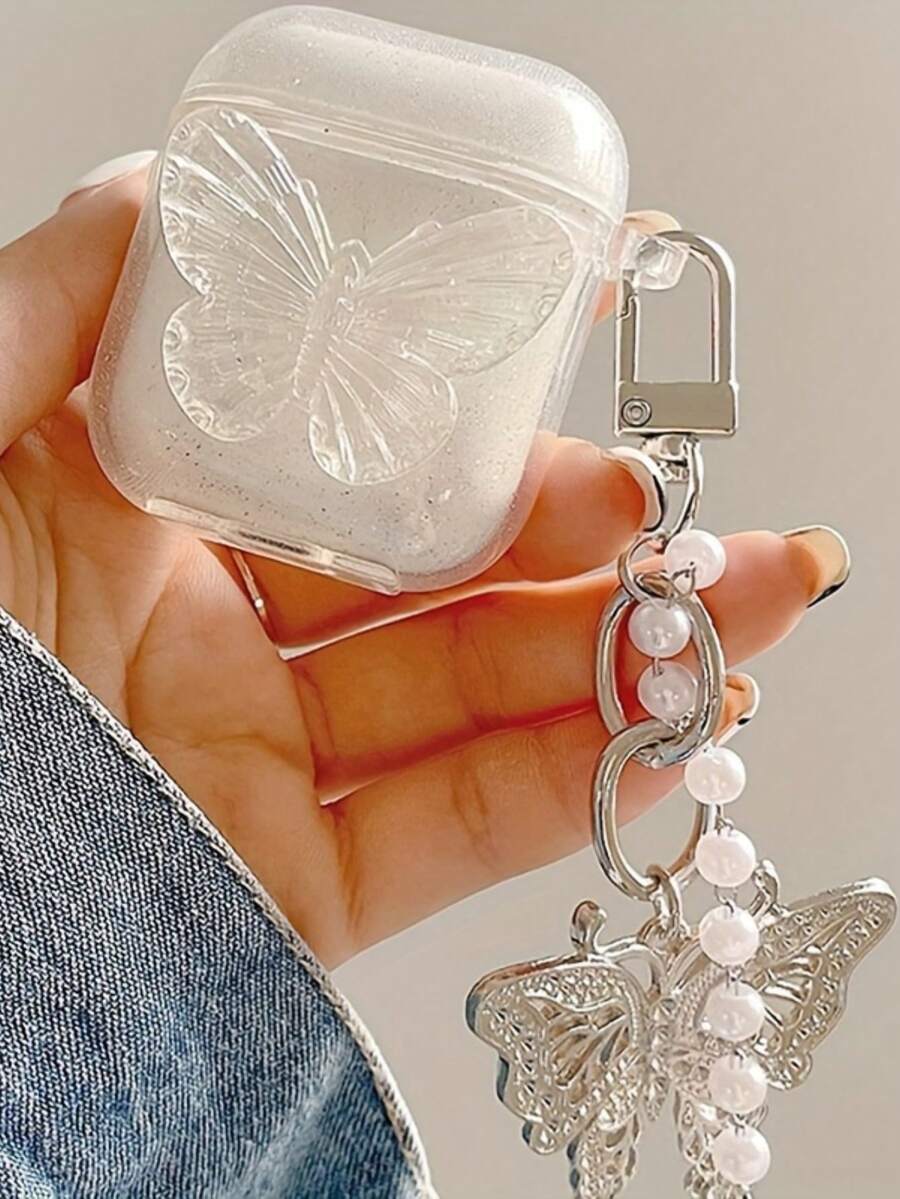 Creative Glitter Butterfly Shape Bluetooth Earphone Case With Keychain, Compatible With AirPods - Multicolor - View 1