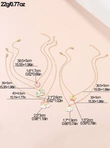 5pcs Girls' Rainbow Heart & Cloud Shaped Metallic Pendant Necklace Set With Oil Drip Effect