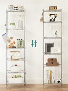 SONGMICS Étagère de Rangement en Métal à 6 Niveaux, Grilles Réglables en Hauteur, Garage, Cuisine, Salon, avec Planches en Plastique, 8 Crochets,  Charge Totale 120 kg, Argent - Argent - Voir 3