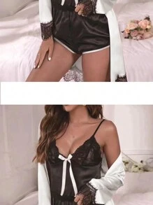 Tres piezas de encaje camisola delgada transpirable sexo pijamas satén suave albornoz pareja albornoz - Blanco - Ver 3