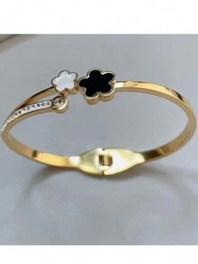 1 chiếc vòng tay bằng thép không gỉ thời trang và phổ biến tự tạo với phong cách sang trọng cao cấp, thiết kế không phổ biến, phong cách độc đáo ngọt ngào thanh lịch tinh tế tươi mới sáng tạo cá nhân hóa hình hoa năm cánh và vỏ sò đen rỗng cho phụ nữ, đeo hàng ngày hoặc làm quà tặng ngày lễ tình nhân - vòng tay kim cương hoa - Xem 6