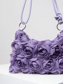 Elegant Rose Floral Pattern Shoulder Bag, For Wedding Party, Dinner, With Metal Circle Buckle Clutch Wallet, Soft And Sweet Women's Wallet, Valentine's Day Gift For Her, Bride's Bag (Random Pattern) - Purple - View 4