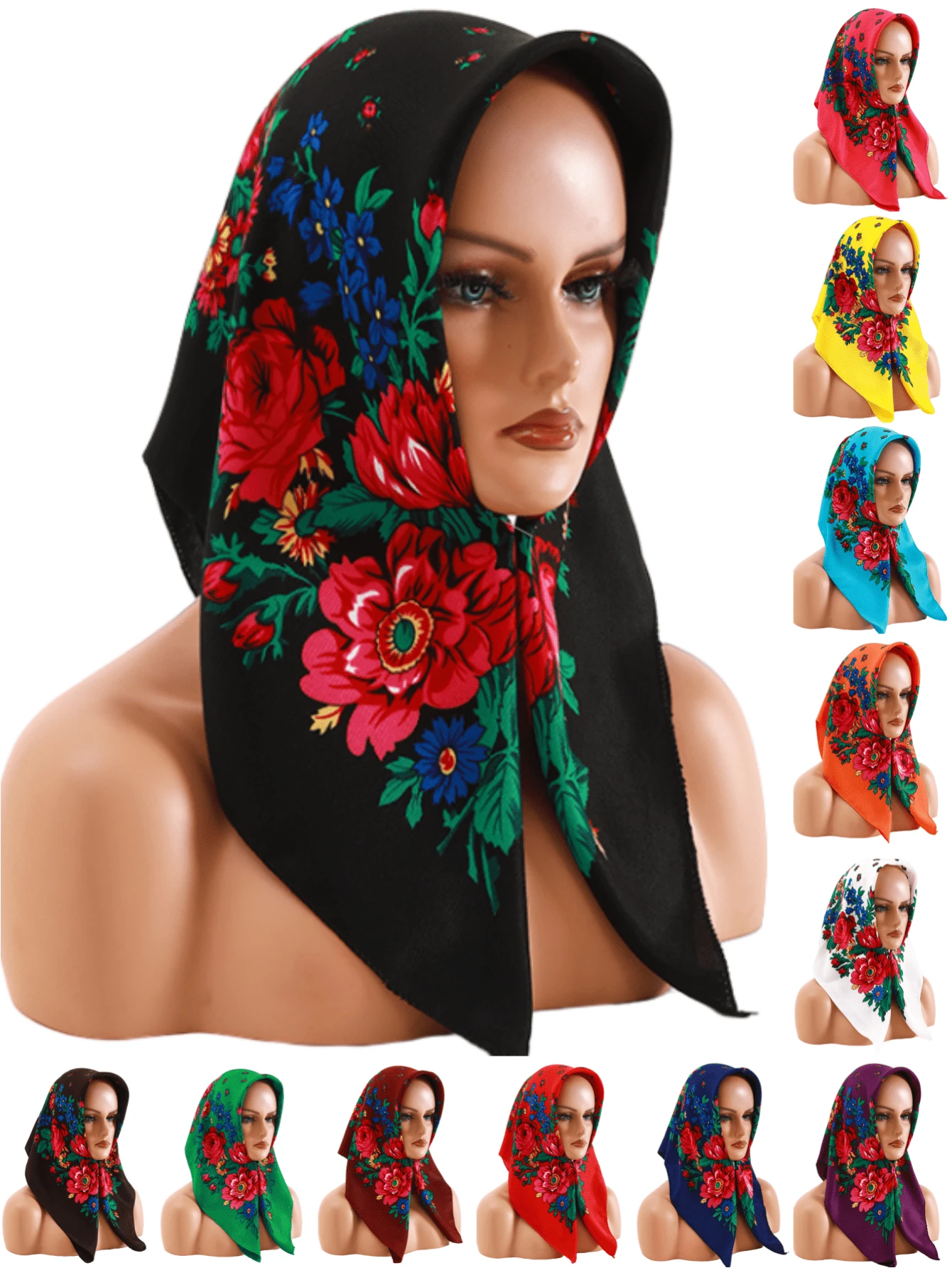 Velo de mujer de 27.5"x27.5" con estampado tradicional de peonía en rojo, multicolor y negro, un pañuelo hijab de moda estilo bohemio