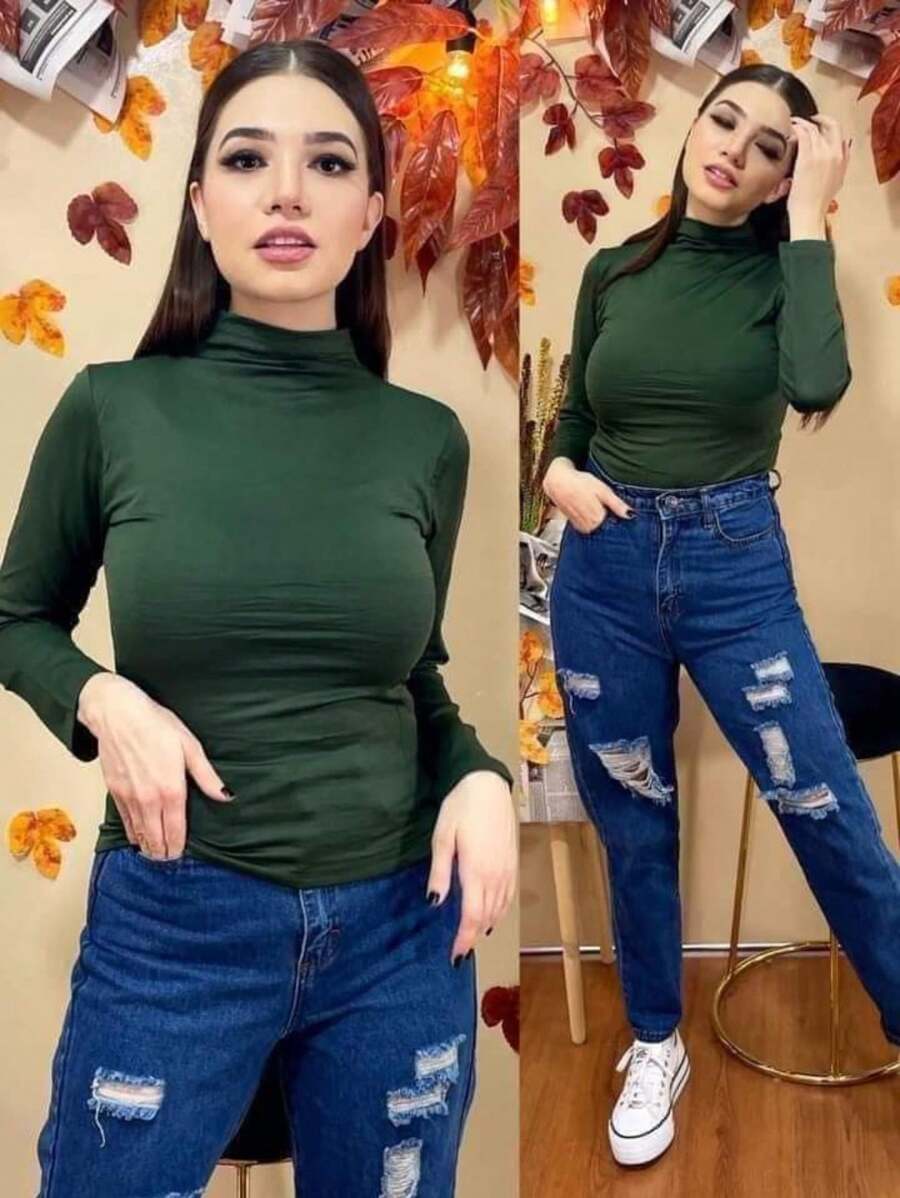BASIC HIGH NECK THERMAL BLOUSE - 墨綠色 - 查看 1