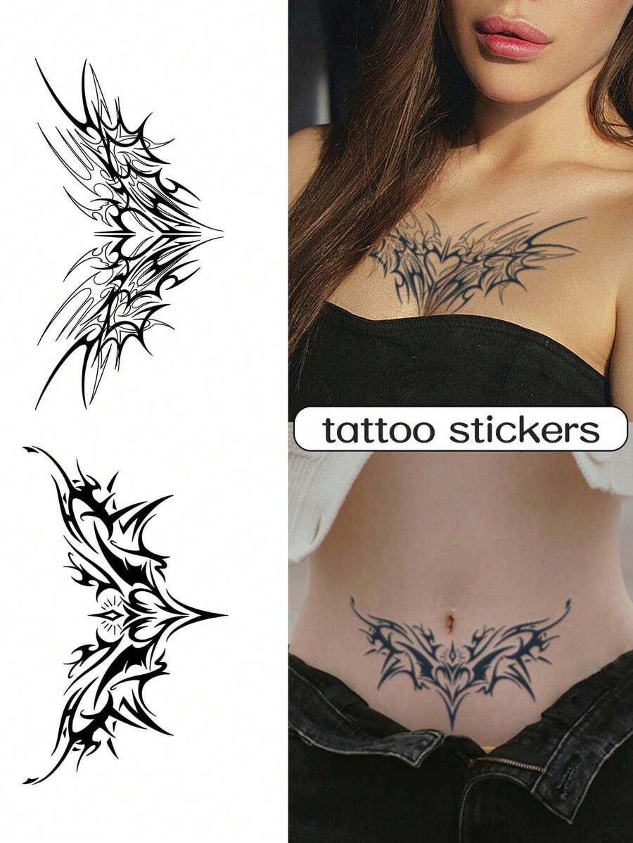 1套2副女性適用魅魔紋身貼紙,防水持久可達1-2週,適用於鎖骨、肚臍等部位