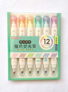 6 Marcatextos Gatito 12 Colores Punta Doble Papeleria Kawaii Subrayadores Fluorescentes Doble, Cabeza Con Diseño De Garra De Gato - Multicolor - Ver 2