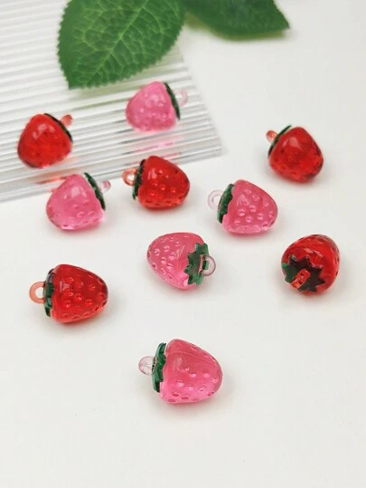 10pcs Sweet And Cute Acrylic Strawberry Shaped Pendant In Red And Pink Colors, Suitable For Diy Jewelry Making And Decoration