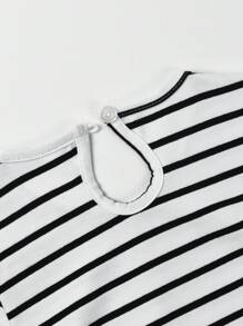 Young Girls' Rainbow Striped Short Sleeve Casual Comfortable Round Neck Dress, Summer - Black and White - View 4