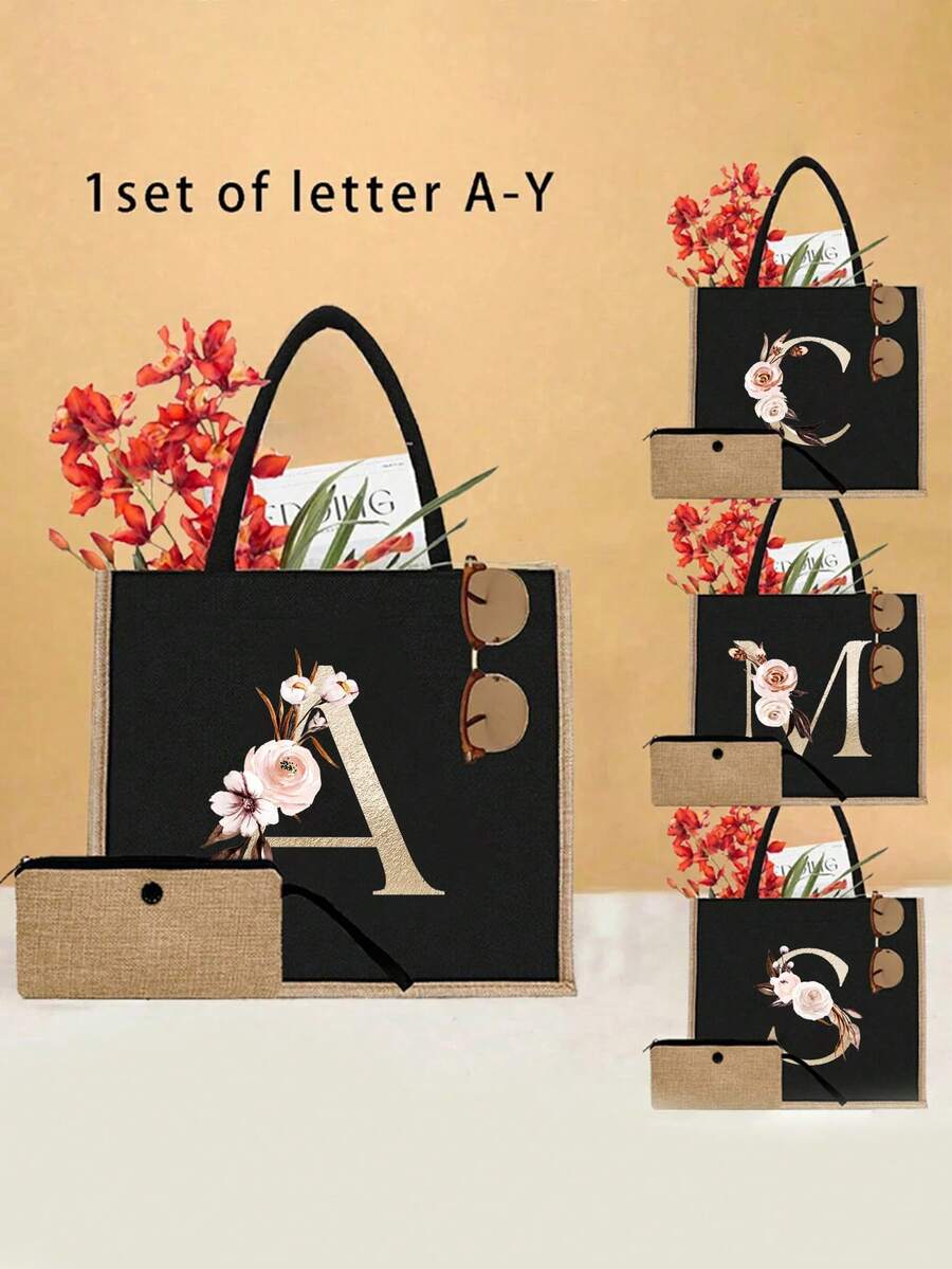 2 件/套简约花朵字母印花亚麻手提包，简约化妆包，大容量化妆包，圣诞礼物，多功能便携式教师手提包，教师感谢亚麻包，女性礼物，教师节礼物 - 黑色 - 查看 1