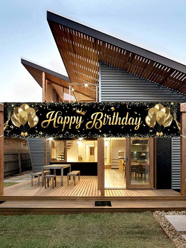 1pc Black Gold Balloon Pattern Happy Birthday Banner,Birthday Party Decorations ,Suitable For Holiday Indoor Outdoor Party Decor Holiday Accessories Backdrop,Christmas