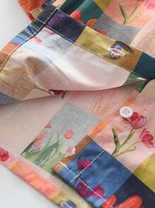 2pcs/Set Young Girls' Casual Bubble Sleeve Gingham & Floral Print Shirt And Shorts Summer Outfits Matching Set