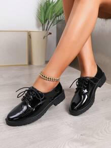 Zapatos Oxford para Mujeres, Zapatos Planos Preppy con Cordones, Zapatos Negro de Estilo Inglés en Talla Grande para Mujeres en Primavera