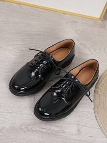Zapatos Oxford para Mujeres, Zapatos Planos Preppy con Cordones, Zapatos Negro de Estilo Inglés en Talla Grande para Mujeres en Primavera