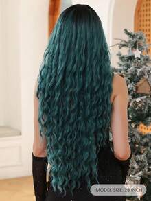 Fashionable Long Wavy 28inch Green Wig With Bangs.Synthetic Hair Elegant Casual Heat-Resisting Party Daily Use - Green - View 4