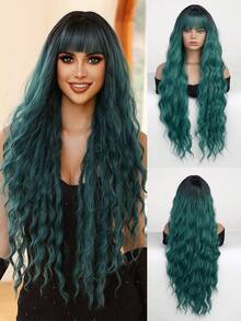 Fashionable Long Wavy 28inch Green Wig With Bangs.Synthetic Hair Elegant Casual Heat-Resisting Party Daily Use - Green - View 5