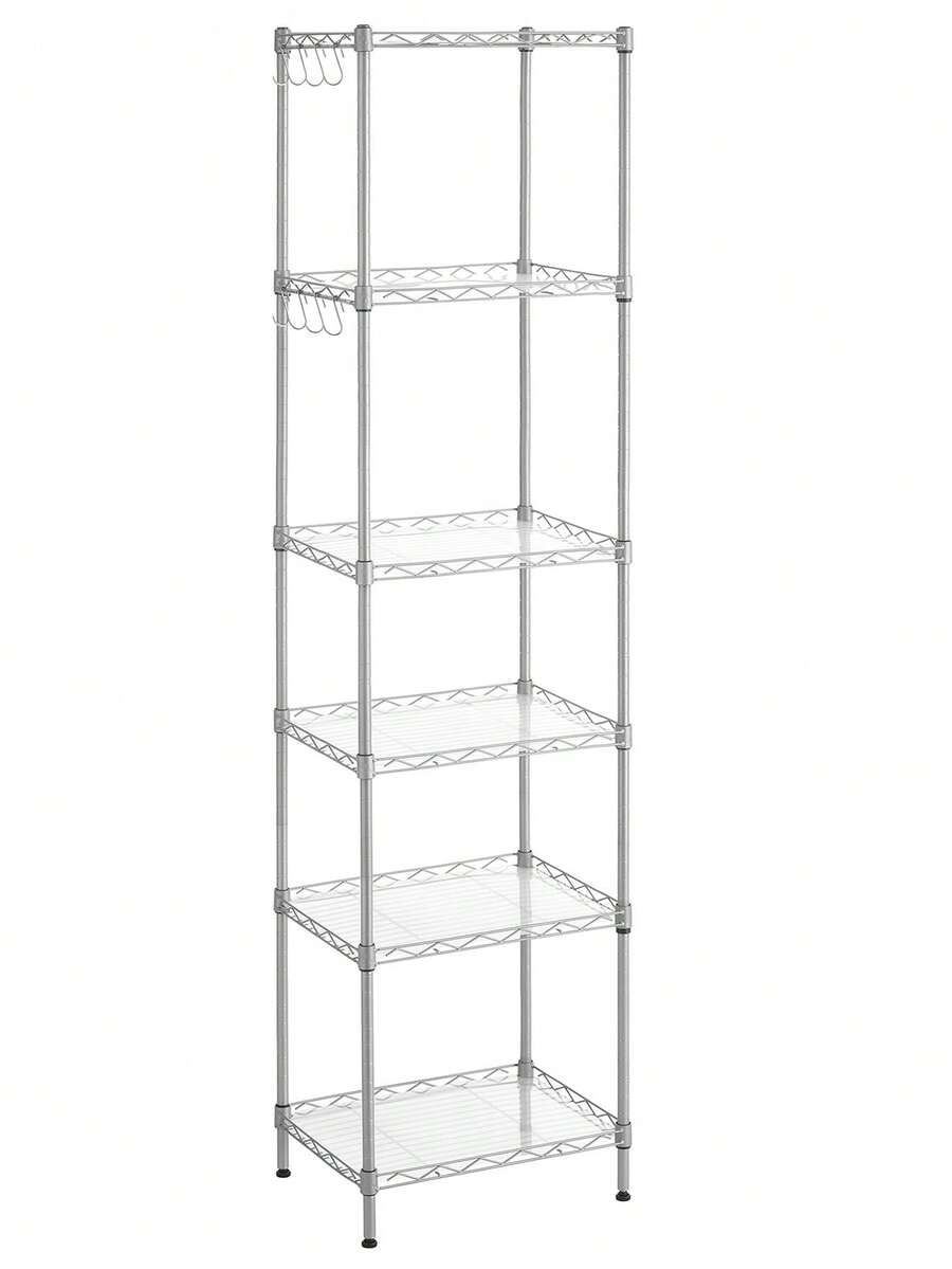 SONGMICS Étagère de Rangement en Métal à 6 Niveaux, Grilles Réglables en Hauteur, Garage, Cuisine, Salon, avec Planches en Plastique, 8 Crochets,  Charge Totale 120 kg, Argent - Argent - Voir 1