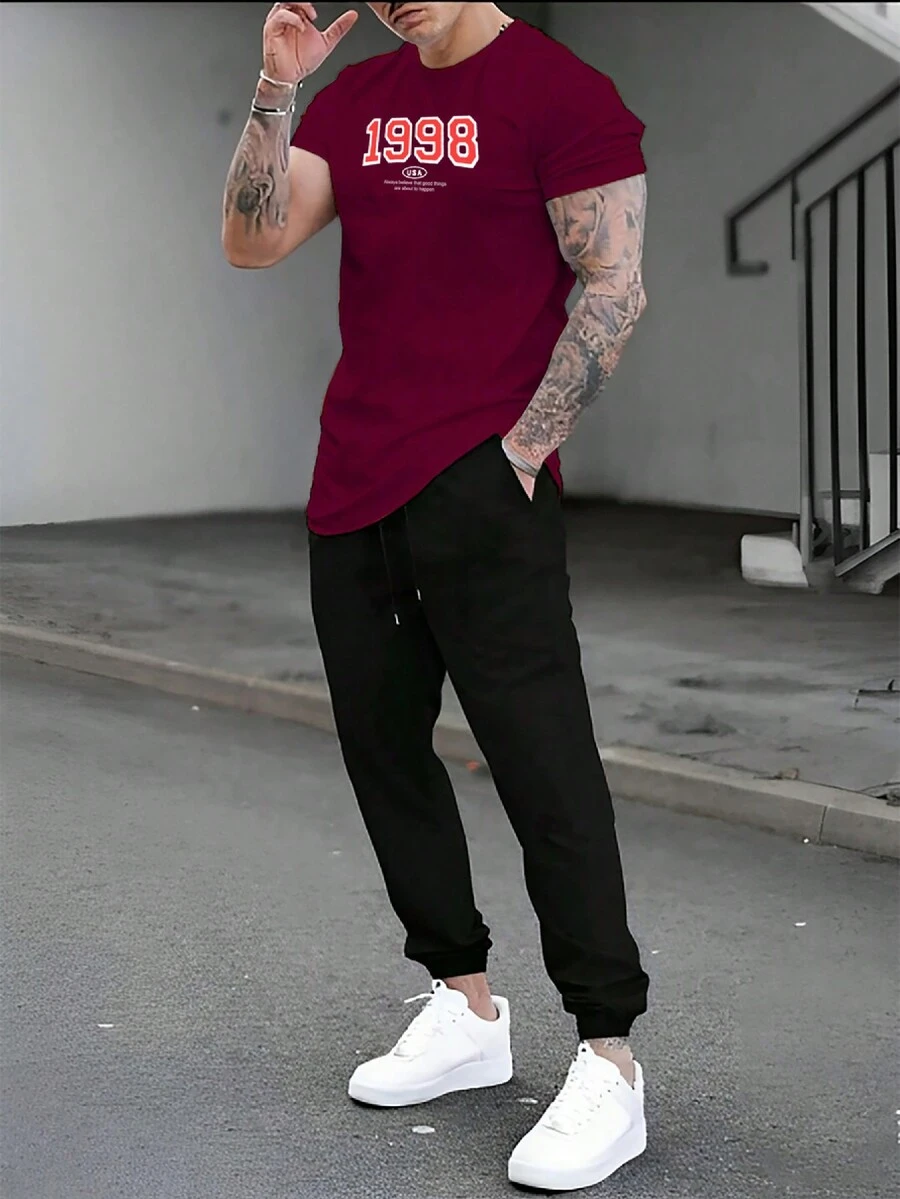 Men T-Shirt Co-Ords - 紫紅色 - 查看 1