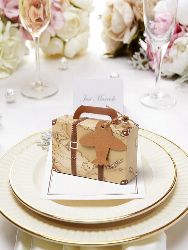 10pcs Creative Mini Luggage Candy Box Gift Box With Map & Vintage Aircraft Print For Travel Themed Party,Christmas