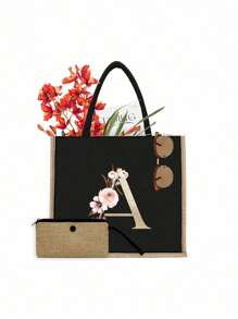 2 件/套简约花朵字母印花亚麻手提包，简约化妆包，大容量化妆包，圣诞礼物，多功能便携式教师手提包，教师感谢亚麻包，女性礼物，教师节礼物 - 黑色 - 查看 11