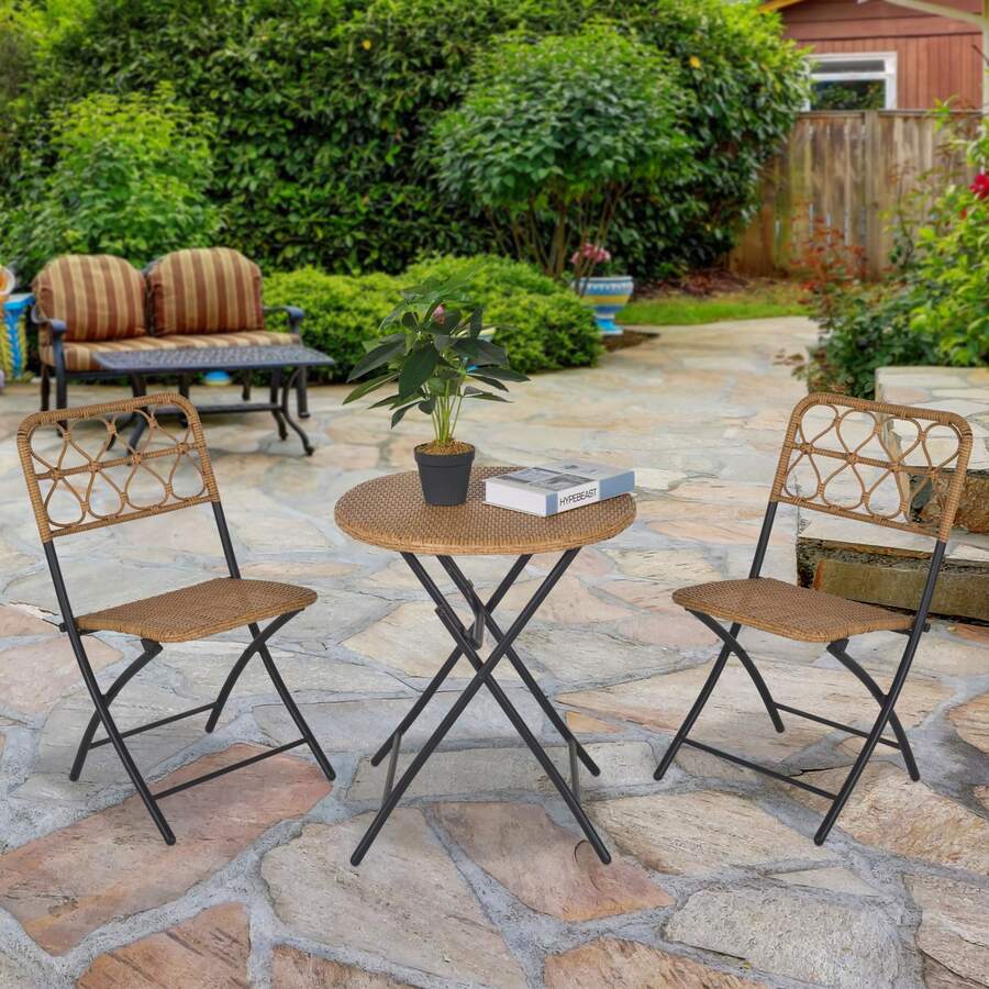 Outsunny Conjunto de Mesa y 2 Sillas Plegables de Ratán para Jardín Terraza Exterior Estructura de Acero Φ60x71 cm y 46x56x83 cm Madera Natural - Camel - Ver 1
