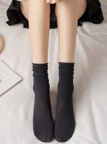 5pairs Women's Icy Black Ruffle Cuff Crew Socks, Thin & Breathable, No Show Bones, Cool In Summer