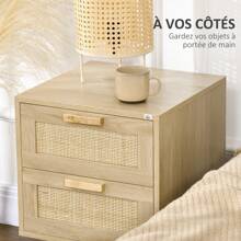 HOMCOM Lot de 2 tables de chevet, tables d'appoint, 2 tiroirs avec façades aspect cannage rotin, style bohème, tables de nuit, pieds en bois de pin, naturel - Nude - Voir 6