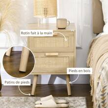 HOMCOM Lot de 2 tables de chevet, tables d'appoint, 2 tiroirs avec façades aspect cannage rotin, style bohème, tables de nuit, pieds en bois de pin, naturel - Nude - Voir 5