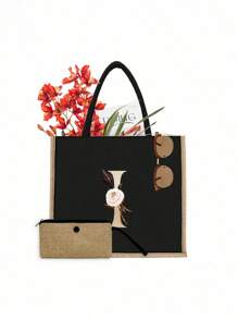 2 件/套简约花朵字母印花亚麻手提包，简约化妆包，大容量化妆包，圣诞礼物，多功能便携式教师手提包，教师感谢亚麻包，女性礼物，教师节礼物 - 黑色 - 查看 30