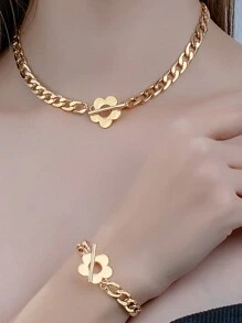 時尚類金屬厚鏈鈕扣並加入小花裝飾多功能現代風格手鍊和項鍊套裝,適用於女性 - 金黃色 - 查看 1