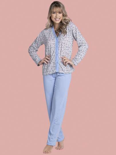 Pijama Amamentação Longo Estampa de Coração Pós Parto Botão Aberto Malha Inverno Vekyo