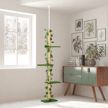 PawHut 242cm Floor To Ceiling Cat Tree For Indoor Cats With Leaves, Height Adjustable Cat Climbing Tower With Scratching Post, Anti-Slip Kit - Green - View 1