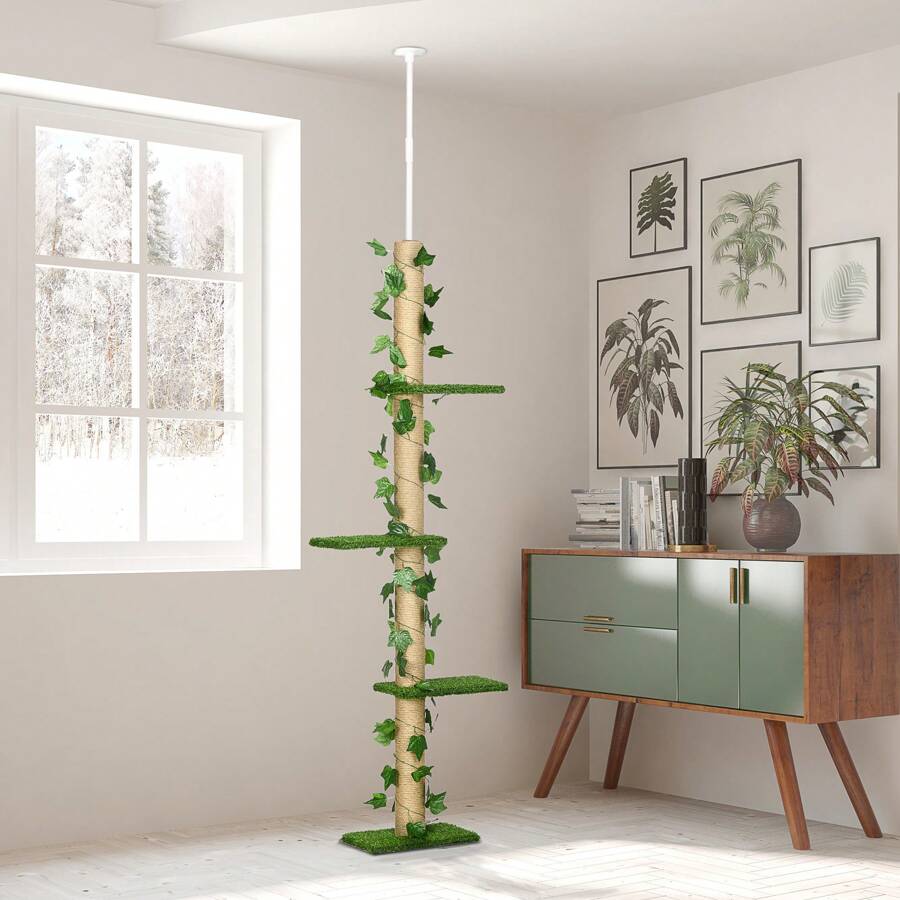 PawHut 242cm Floor To Ceiling Cat Tree For Indoor Cats With Leaves, Height Adjustable Cat Climbing Tower With Scratching Post, Anti-Slip Kit - Green - View 1