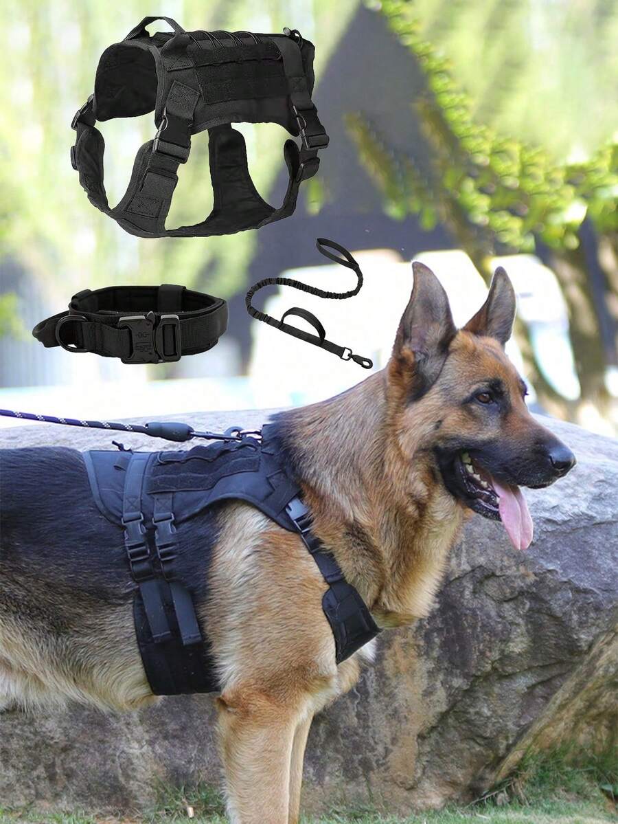 Arnés táctico para perros, adecuado para mascotas como el pastor alemán, correa elástica de nylon para perros, adecuada para perros pequeños y grandes. - Negro - Ver 1