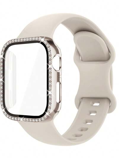 Compatible With Apple Watch Band And Case Combination Set Fashion, Sport, Soft And Comfortable Rivet Buckle Silicone Strap + Shiny Rhinestone-Studded Anti-Drop And Scratch-Resistant Pc Case With Tempered Glass Film Integrated Case Compatible With Apple Watch 38/40/41/42/44/45/46/49mm Replacement Strap Case Compatible With Apple Watch Series Ultra/11/10/9/8/7/6/5/4/3/Se Women's Strap Case