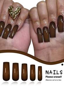 Conjunto de 24 uñas postizas largas con diseño cuadrado degradado en color marrón oscuro, elegante y sencillo con pegamento y lima de uñas, diseño de cobertura completa para fiestas, bailes o uso diario, suministros de uñas postizas uñas falsas uña falsa uña acrílica