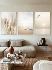 3PCS/1SET  Nordic Minimalist Sunset Landscape Hanging Paintings, Plant And Flower Living Room Painting Cores No Frame