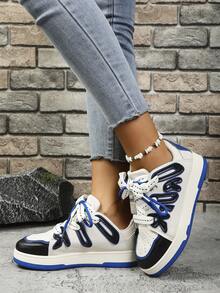 女士復古風格2024新春秋流行平底運動休閒鞋 - 黑色 - 查看 2