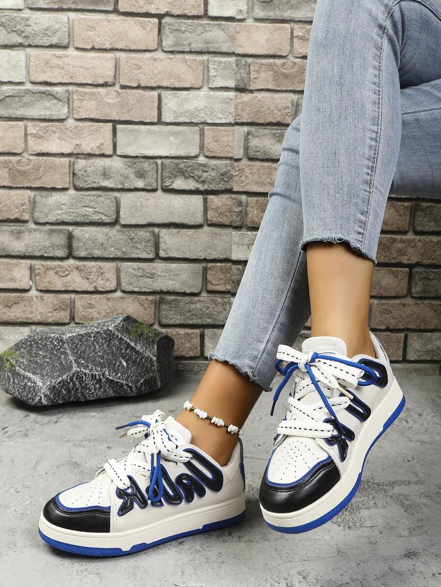 女士復古風格2024新春秋流行平底運動休閒鞋 - 黑色 - 查看 1