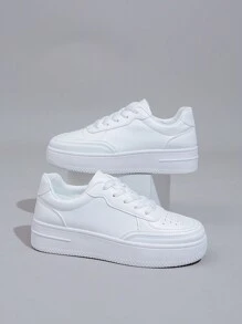 Fashionable Couple Style White Sneakers With Front Lace-Up Design For Casual, Student Skateboarding