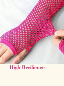 1對玫瑰紅色鑲網透視袖套個性時尚性感無指手套漁網休閒長袖朋克半指會所聚會禮儀手套 - 玫紅色 - 查看 8