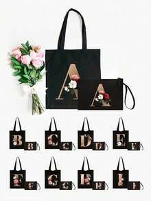 2入組肩背包配化妝包,時尚經典花紋包組,輕量肩背購物袋配手提包 - 黑色 - 查看 2