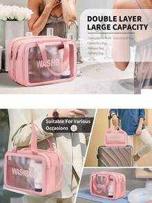 1個干濕分離eva防水洗漱袋,雙層大容量化妝品袋,出門旅行便攜多功能收納袋,海灘游泳收納袋,透明護膚霜化妝品收納袋,加厚女士男士洗漱袋,旅行必備彩妝包組織者化妝包 - 粉色 - 查看 10