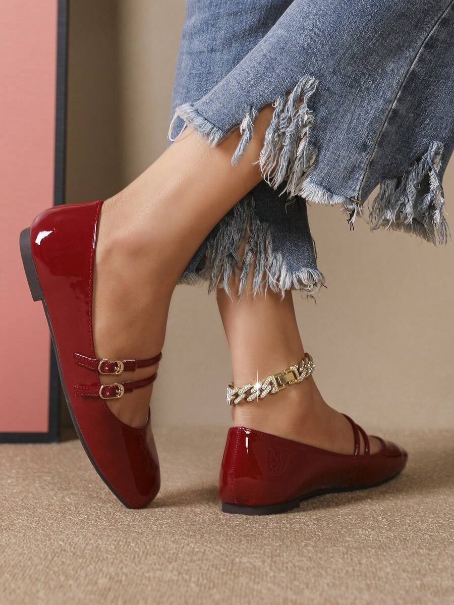 Red Patent Leather Mary Jane Flats - Burgundy - View 1