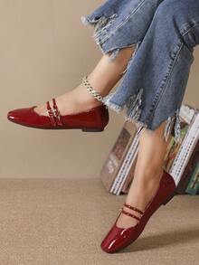 Red Patent Leather Mary Jane Flats - Burgundy - View 2