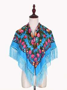 43.3"*43.3" 女士印花牡丹花披肩，红色、黑色和多色，复古传统风格，时尚、温暖、优雅，是秋冬季波西米亚风送给妈妈的完美礼物 - 彩色 - 查看 7