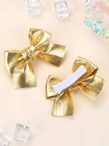 2pcs Gold Bow Hair Clips, Shiny Gold Hair Clips With Full Lining, Cute Shiny Hair Clips, Short Tail Design, Children Baby Hair Accessories, Valentine's Day Love Gift - Gold - View 3