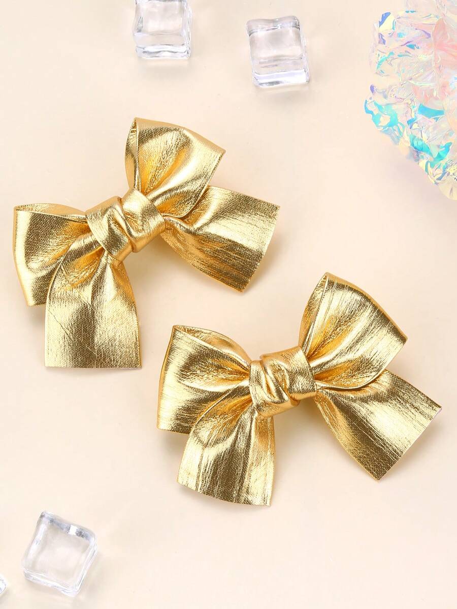 2pcs Gold Bow Hair Clips, Shiny Gold Hair Clips With Full Lining, Cute Shiny Hair Clips, Short Tail Design, Children Baby Hair Accessories, Valentine's Day Love Gift - Gold - View 1