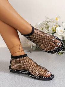 Sandalias de red redonda con punta y banda elástica para tallas grandes, recién llegadas del verano de 2024, resbalón en sandalias casuales de malla de red con piedras preciosas coloridas, media pantufla transpirable con punta abierta