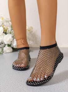 Sandalias de red redonda con punta y banda elástica para tallas grandes, recién llegadas del verano de 2024, resbalón en sandalias casuales de malla de red con piedras preciosas coloridas, media pantufla transpirable con punta abierta